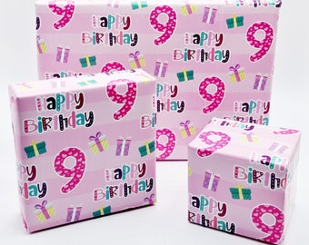 2 Sheets 9th Birthday Girl Wrapping Paper Age 9 Cute Birthday High Quality Attractive Giftwrap Female Pink