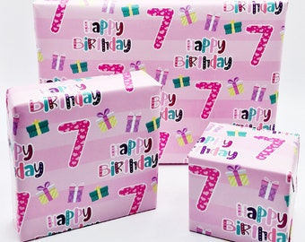2 Sheets 7th Birthday Girl Wrapping Paper Age 7 Cute Birthday High Quality Attractive Giftwrap Female Pink