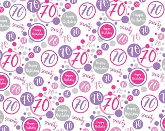 2 feuilles de papier cadeau 70e anniversaire, 70 ans, blanc et rose pour anniversaire de femme