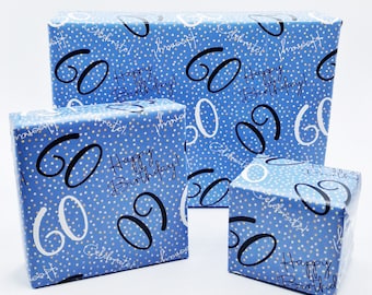 2 Sheets 60th Happy Birthday Celebrate Hooray Blue Male Wrapping Paper Age 60 Birthday Male Giftwrap (PA)