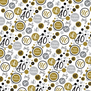 2 Sheets 40th Birthday Unisex Wrapping Paper Age 40 Birthday Black Gold and Silver Giftwrap for Male and Female