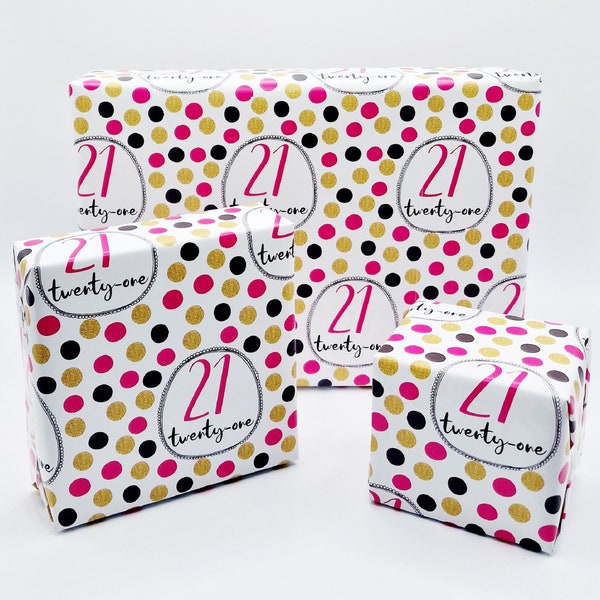 2 Sheets 21st Birthday Pink Black Gold Polka Dots Female Wrapping Paper Age 21 Birthday Ladies Giftwrap
