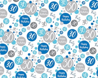 2 Sheets 30th Birthday Wrapping Paper Age 30 Birthday White and Blue Giftwrap for Male Birthday