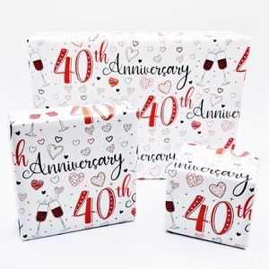 2 Sheets 40th Wedding Anniversary Unisex Wrapping Paper Champagne Glass Design Giftwrap Male And Female Ruby Wedding Anniversary (PA)