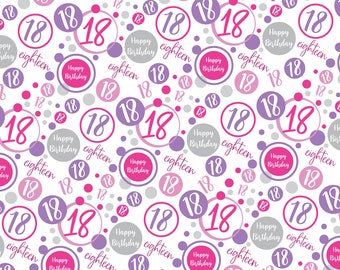 2 Sheets 18th Birthday Wrapping Paper Age 18 Birthday White and Pink Giftwrap for Female Birthday