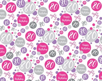 2 Sheets 80th Birthday Wrapping Paper Age 80 Birthday White and Pink Giftwrap for Female Birthday
