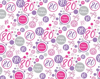 2 Sheets 80th Birthday Wrapping Paper Age 80 Birthday White and Pink Giftwrap for Female Birthday