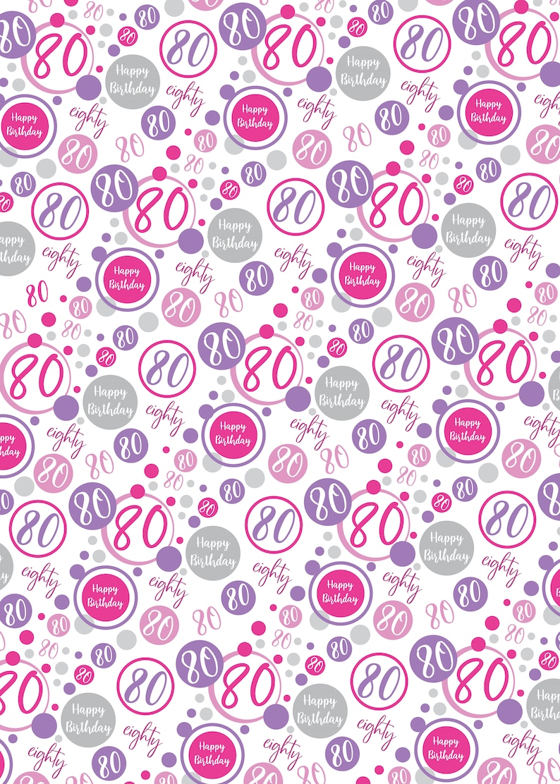 2 Sheets 80th Birthday Wrapping Paper Age 80 Birthday White and Pink Giftwrap for Female Birthday image 1