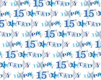 2 Sheets 15th Birthday Boy Star Shape Design Wrapping Paper Age 15 Birthday High Quality Attractive Giftwrap Male Blue