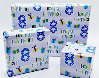 2 Sheets 8th Birthday Boy Wrapping Paper Age 8 Cute Birthday High Quality Attractive Giftwrap Male Blue