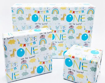 2 Sheets 1st Birthday Boy Animals Rainbow Wrapping Paper Age One Cute Birthday High Quality Attractive Age 1 Giftwrap Male Blue (PA)