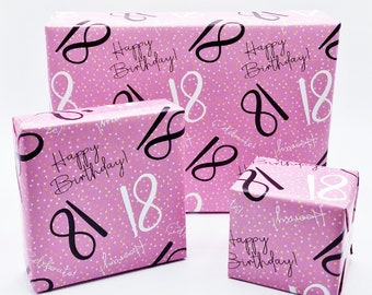 2 Sheets 18th Happy Birthday Celebrate Hooray Pink Female Wrapping Paper Age 18 Birthday Ladies Giftwrap (PA)