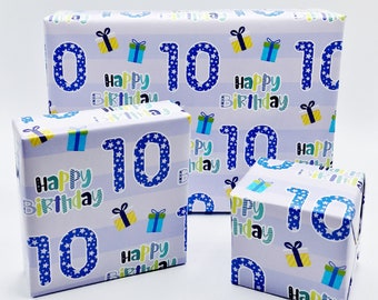 2 Sheets 10th Birthday Boy Wrapping Paper Age 10 Cute Birthday High Quality Attractive Giftwrap Male Blue
