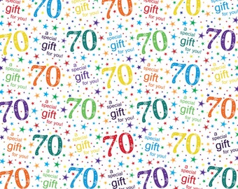 2 Sheets 70th Birthday White Multi Wrapping Paper Age 70 High Quality Attractive Male Female Unisex Giftwrap