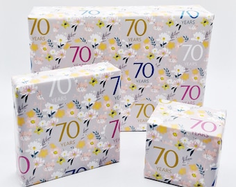 2 Sheets 70th Birthday Silver Grey Elegant Ladies Wrapping Paper Flowers Background 70 Years Female Giftwrap