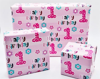 2 Sheets 1st Birthday Girl Wrapping Paper Age 1 Cute Birthday High Quality Attractive Giftwrap Female Pink (PA)