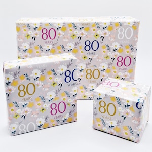 2 Sheets 80th Birthday Silver Grey Elegant Ladies Wrapping Paper Flowers Background 80 Years Female Giftwrap (PA)