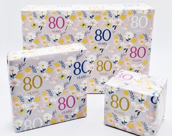 2 Sheets 80th Birthday Silver Grey Elegant Ladies Wrapping Paper Flowers Background 80 Years Female Giftwrap (PA)
