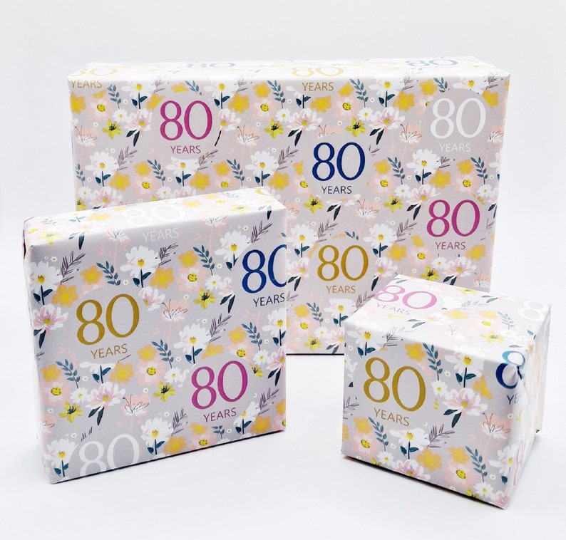 2 Sheets 80th Birthday Silver Grey Elegant Ladies Wrapping Paper Flowers Background 80 Years Female Giftwrap image 1