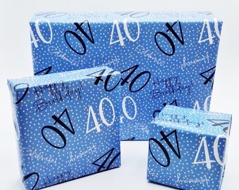 2 Sheets 40th Happy Birthday Celebrate Hooray Blue Male Wrapping Paper Age 40 Birthday Male Giftwrap (PA)