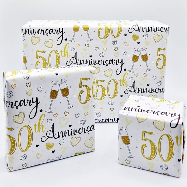 2 Sheets 50th Wedding Anniversary Unisex Wrapping Paper Champagne Glass Design Giftwrap Male And Female Golden Wedding Anniversary