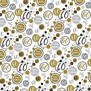 2 Sheets 60th Birthday Unisex Wrapping Paper Age 60 Birthday Black Gold and Silver Giftwrap for Male and Female