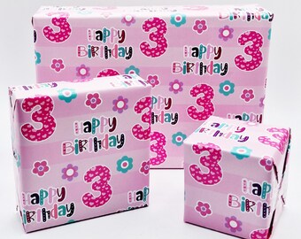 2 Sheets 3rd Birthday Girl Wrapping Paper Age 3 Cute Birthday High Quality Attractive Giftwrap Female Pink