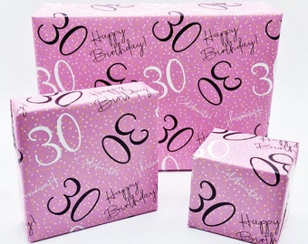 2 Sheets 30th Happy Birthday Celebrate Hooray Pink Female Wrapping Paper Age 30 Birthday Ladies Giftwrap (PA)