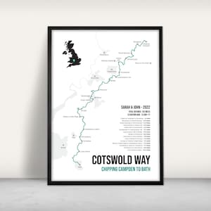 Impression d&#39;art de carte Cotswold Way / Impression jet d&#39;encre / Carte du sentier national du Royaume-Uni / Cadeau de randonnée personnalisé / Impression de carte du sentier / Des Cotswolds à Bath