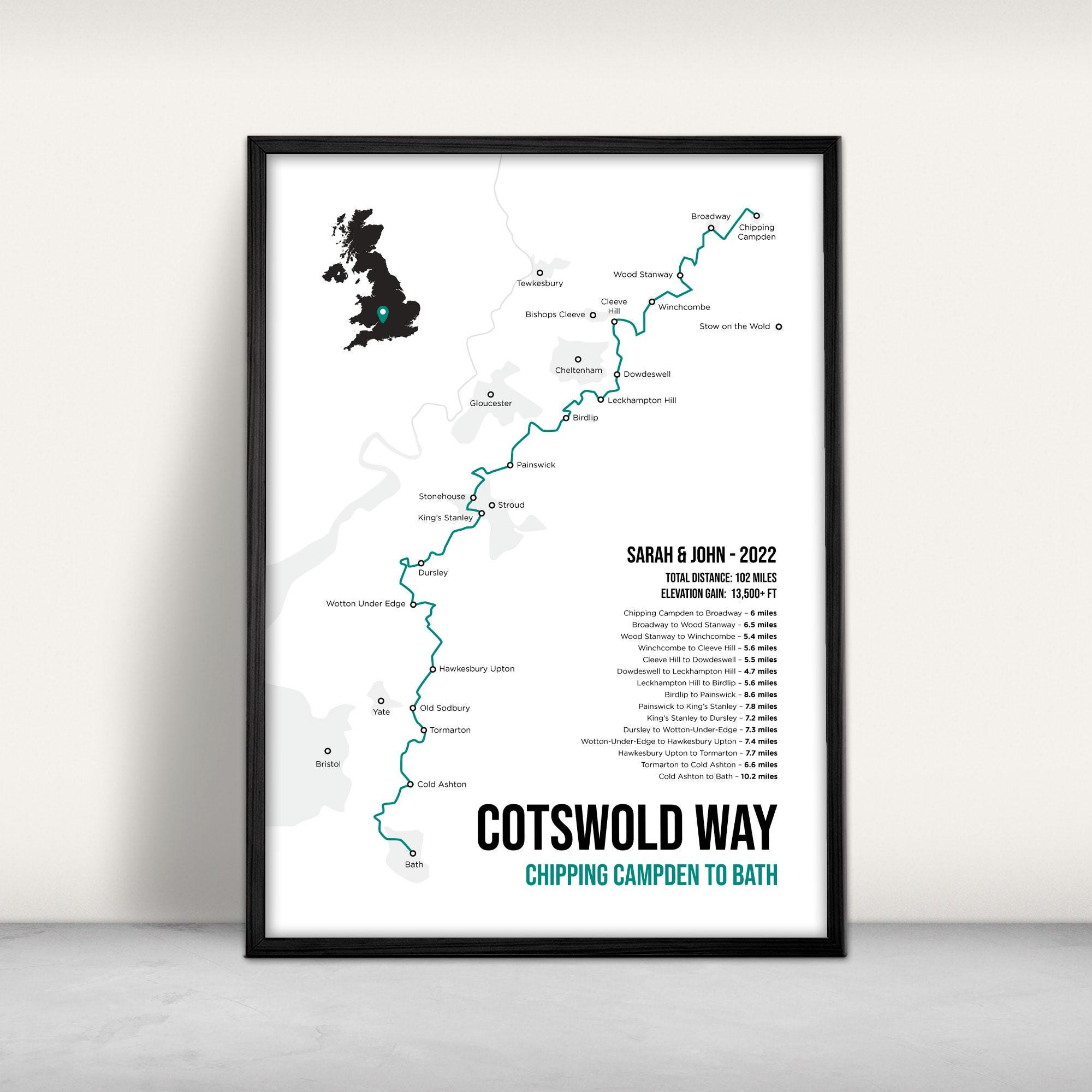 Cotswold Way Map Art Print / Giclee print / UK National Trail map / Personalised hiking gift / Trail map print / Cotswolds to Bath