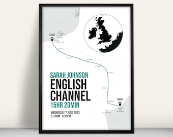 Cross Channel Swim Personalised Art Print: Custom England to France Swimming Gift