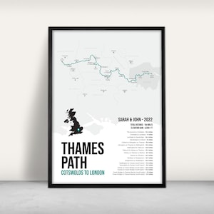 Impression d'art Thames Path / Impression jet d'encre / Cadeau de carte des sentiers nationaux du Royaume-Uni / Art infographique de marche / Art de l'aventure britannique / Design noir et blanc