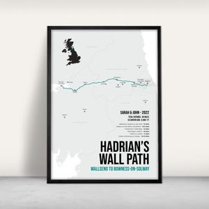 Impression de carte du sentier national du sentier mural d'Hadrien / Impression giclée / Cadeau personnalisé / Art marchant au Royaume-Uni / Noir et blanc / Impression Northumberland
