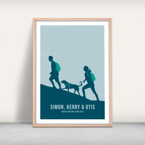 Personalised Couple Hiking Art Print / Giclee print / Customisable adventure walking art present / Valentines hiking gift / Walking the dog