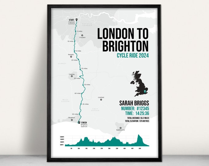 London to Brighton Bike Ride Map, Cycling Print - Etsy