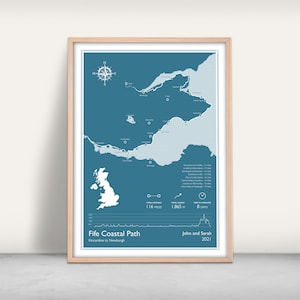 Impression d'art du sentier côtier de Fife / Cadeau personnalisé / Impression jet d'encre / Cadeau de carte à pied au Royaume-Uni / Art infographique / Impression de carte des Grands sentiers d'Écosse