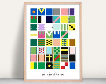 May include: A white poster with a grid of colorful squares representing the colors of the Epsom Derby winners. The poster is framed in a light wood frame. The text "Colours of the EPSOM DERBY WINNERS" is at the bottom of the poster.