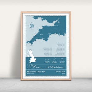 Impression d'art du sentier de la côte sud-ouest / oeuvre d'art personnalisée / impression jet d'encre / cadeau de randonnée personnalisé / art de l'aventure britannique / impression de carte des sentiers des Cornouailles
