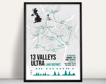 13 Valleys Ultra 2026 Personalised Art Print. 7, 5 and 2 Valleys also available: finishers prints