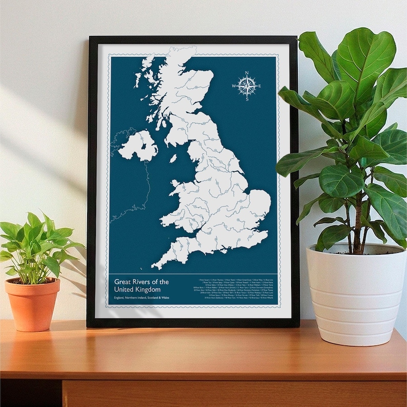 UK Rivers Map Art Print / All the Large Rivers of the United Kingdom ...