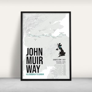Impression d'art de carte John Muir Way / Impression jet d'encre / Carte du sentier national du Royaume-Uni / Cadeau de randonnée personnalisé / Décoration murale / Noir et blanc / Écosse