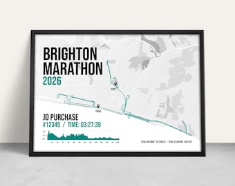 Brighton Marathon 2026 Personalised Art Print: Custom Finisher Map Gift