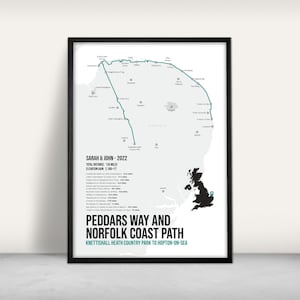 Peddars Way et Norfolk Coast Path Map Trail Print / Impression jet d'encre / Cadeau personnalisé / Art de la marche au Royaume-Uni / Noir et blanc / Impression Norwich