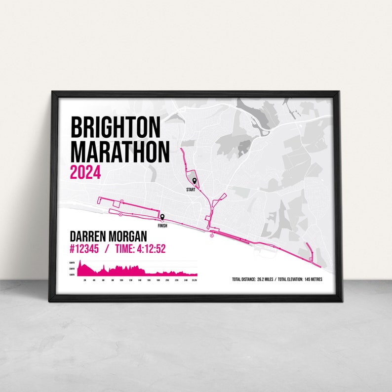 Brighton Marathon April Personalised Art Print / Giclee Print / Custom Running Gift / Brighton running gift Pink