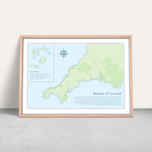 Impression d'art de carte des plages des Cornouailles / Impression jet d'encre personnalisée de carte de plage / Cadeau pour la maison personnalisé / Mobilier Airbnb pour maison de vacances / Répertoire des plages