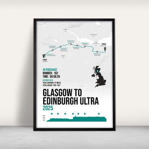 May include: Framed print featuring a map of Scotland with a highlighted route from Glasgow to Edinburgh. The print includes the text "Glasgow to Edinburgh Ultra 2025", along with race details such as distance, time, and ascent.