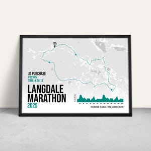 May include: A framed print featuring a teal-colored map of the Langdale Marathon 2025 route. The print includes the runner's name, time, and total distance of 26.4 miles. The black frame surrounds the map and text.