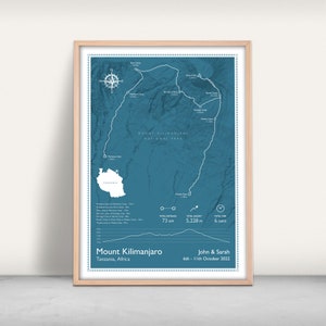 May include: A blue and white map of Mount Kilimanjaro in Tanzania, Africa. The map shows the hiking route with the total distance, elevation gain, and time. The text "Mount Kilimanjaro, Tanzania, Africa" is at the bottom of the map. The text "John & Sarah, 6th - 11th October 2022" is at the bottom right of the map.