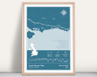 South Downs Way Giclee Print / Personalised gift / UK national trail map gift / Walking infographic art / Hiking trail gallery wall decor