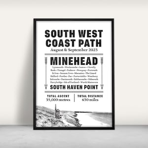 Impression d'art personnalisée South West Coast Path / Impression jet d'encre / Cadeau de randonnée pédestre au Royaume-Uni / Poster de voyage / Cornouailles et Devon / Sentier national
